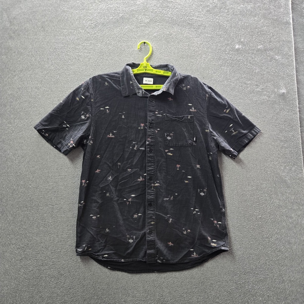 Vans Men Button Up Shirt LARGE Black Graphic Surfers Classic Short